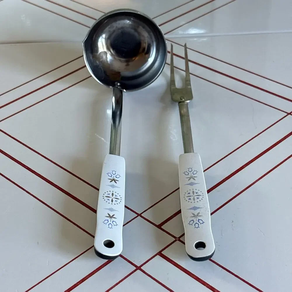 Vintage EKCO USA Ladle & Meat Fork Set Floral Handles